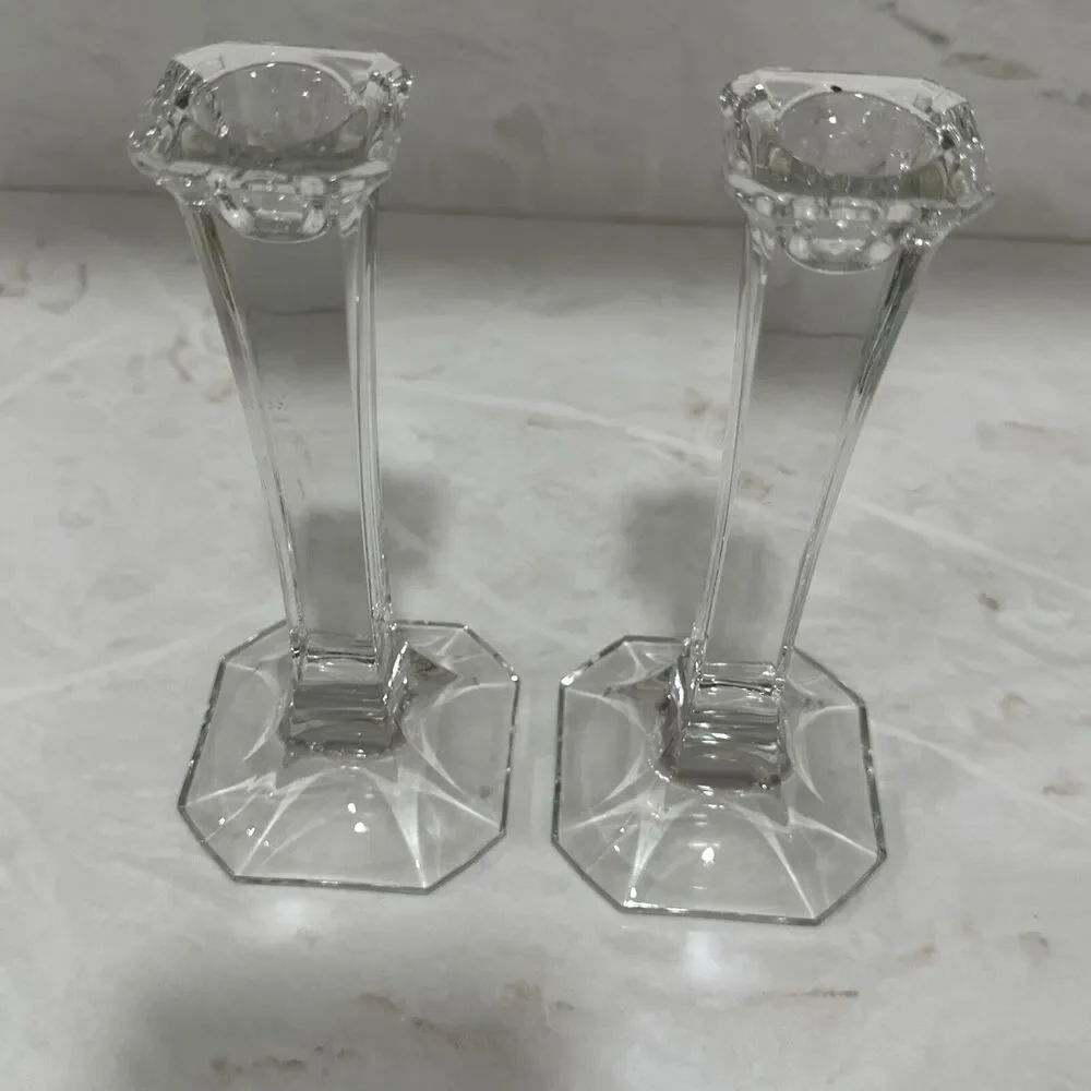 Vintage MCM Mikasa Hyde Park Clear Crystal Art Deco Taper Candle Holders Set 2